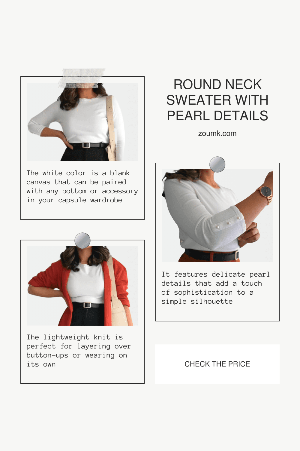 SUZY SHIER 3/4 Sleeve Round Neck Sweater With Pearl Button Details