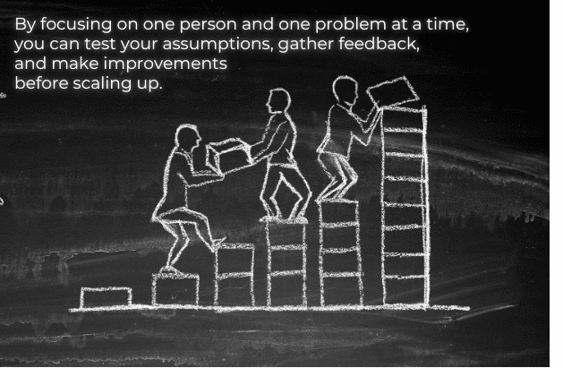 The Power of Starting Small. By focusing on one person and one problem at a time, you can test your assumptions, gather feedback, and make improvements before scaling up.