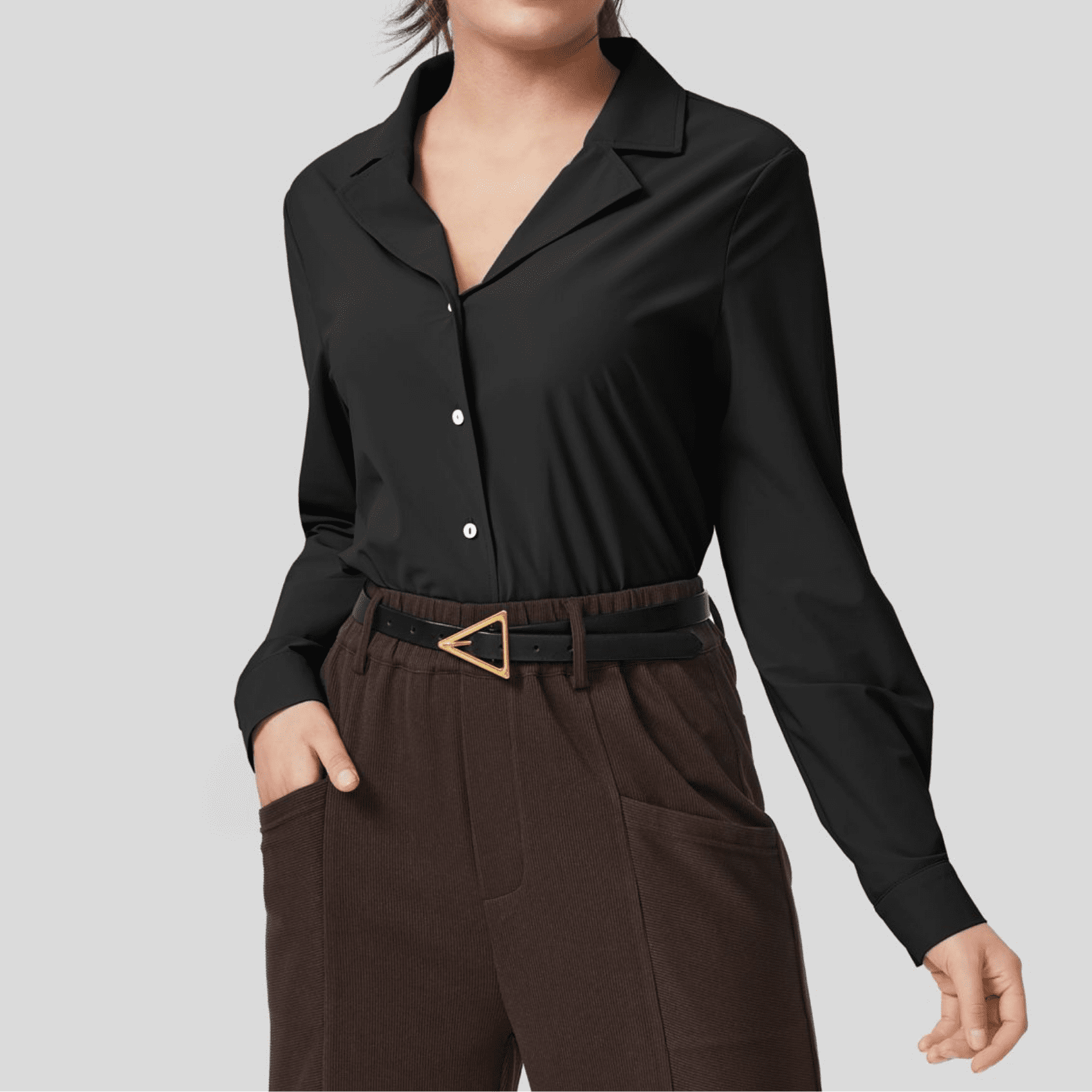 HALARA Notched Collar Button Long Sleeve Work Shirt