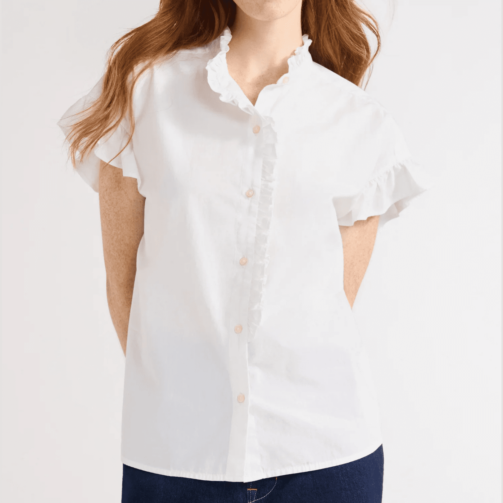 5 Styling Tips & 19 Outfit Ideas to Elevate Your Casual Work Outfits (Without Spending More). WALMART | FREE ASSEMBLY Ruffle Trim Cotton Shirt with Short Sleeves