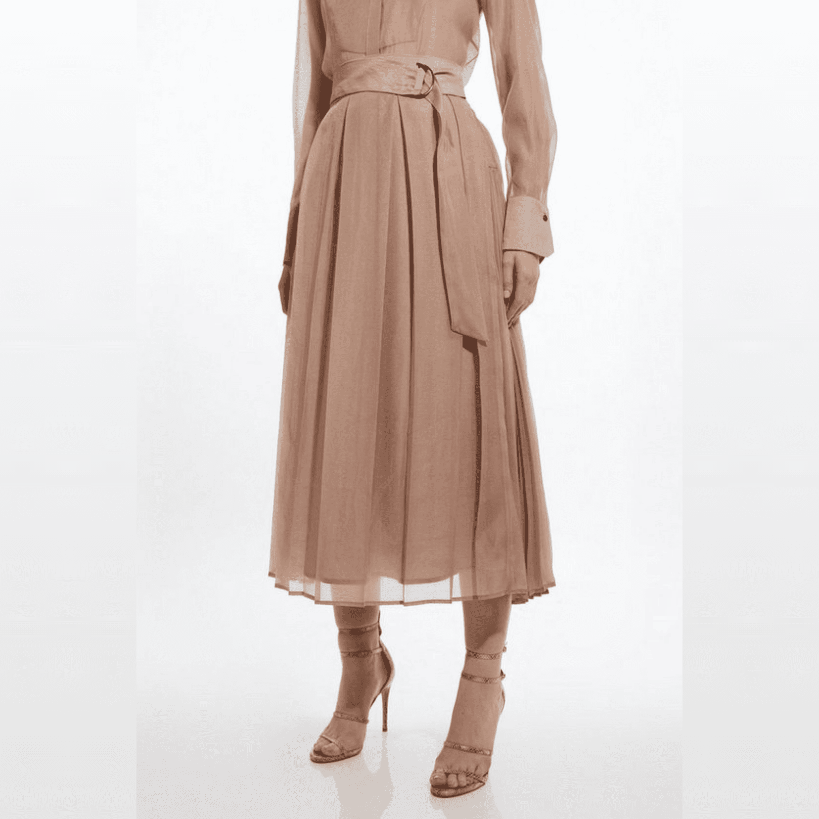 5 Styling Tips & 19 Outfit Ideas to Elevate Your Casual Work Outfits (Without Spending More). KAREN MILLEN Organdie Pleated Woven Midi Skirt - Champagne