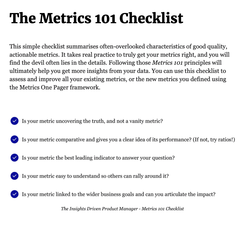 4 Game-Changing Books Every Startup Leader Must Read to Skyrocket Growth, Engage Teams, and Avoid Costly Mistakes. #4: The Insights Driven Product Manager: Master Product Metrics And Uncover True Data Insights: The Metrics 101 checklist