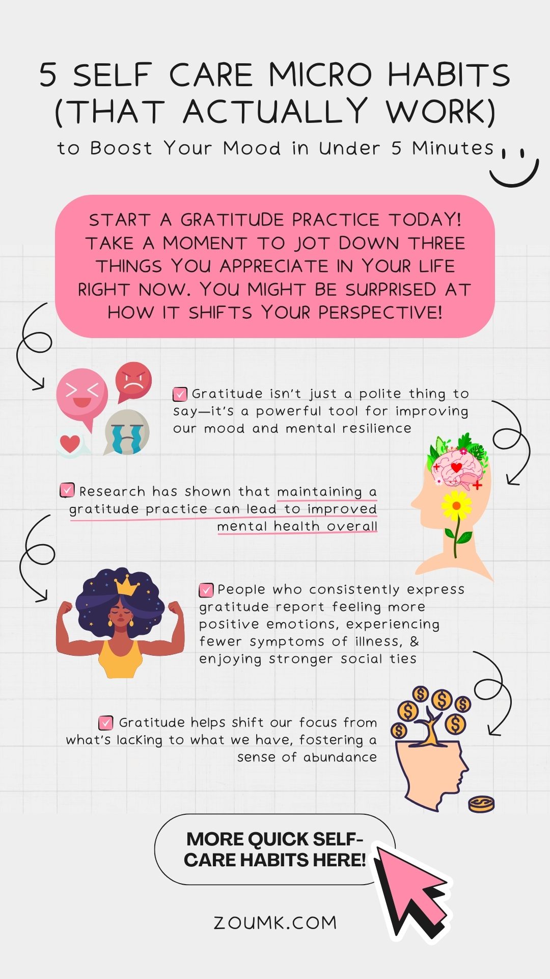 5 Self Care Micro Habits (That Actually Work) to Boost Your Mood in Under 5 Minutes. ✔️ Research has shown that maintaining a gratitude practice can lead to improved mental health overall more quick self-care habits here! start a gratitude practice today! Take a moment to jot down three things you appreciate in your life right now. You might be surprised at how it shifts your perspective! ✔️ Gratitude isn’t just a polite thing to say—it’s a powerful tool for improving our mood and mental resilience ✔️ People who consistently express gratitude report feeling more positive emotions, experiencing fewer symptoms of illness, & enjoying stronger social ties ✔️ Gratitude helps shift our focus from what’s lacking to what we have, fostering a sense of abundance