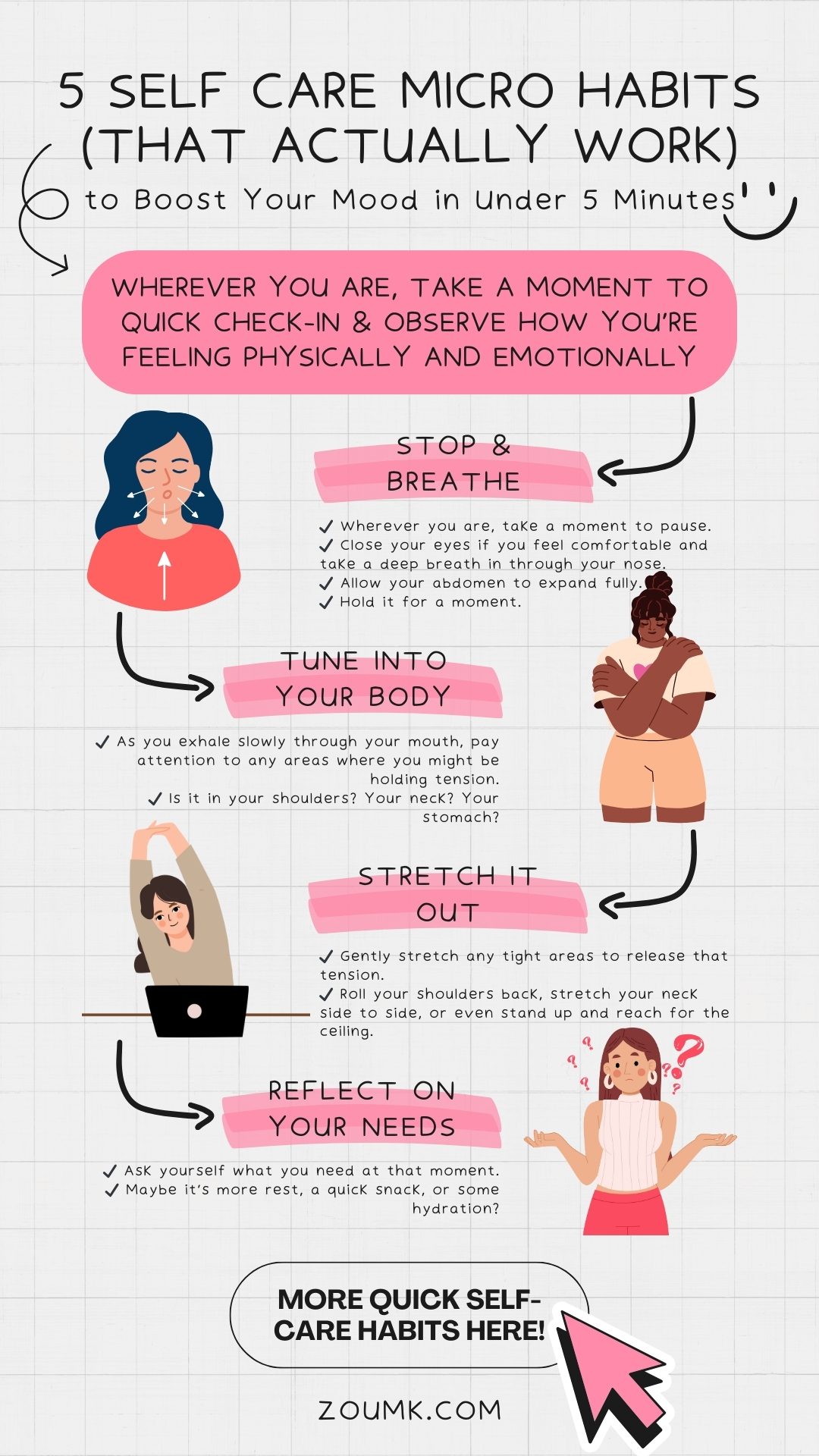 5 Self Care Micro Habits (That Actually Work) to Boost Your Mood in Under 5 Minutes. more quick self-care habits here! Wherever you are, take a moment to quick check-in & observe how you’re feeling physically and emotionally Stop & Breathe ✔️ Wherever you are, take a moment to pause. ✔️ Close your eyes if you feel comfortable and take a deep breath in through your nose. ✔️ Allow your abdomen to expand fully. ✔️ Hold it for a moment. Tune Into Your Body ✔️ As you exhale slowly through your mouth, pay attention to any areas where you might be holding tension. ✔️ Is it in your shoulders? Your neck? Your stomach? Stretch It Out ✔️ Gently stretch any tight areas to release that tension. ✔️ Roll your shoulders back, stretch your neck side to side, or even stand up and reach for the ceiling. Reflect on Your Needs ✔️ Ask yourself what you need at that moment. ✔️ Maybe it’s more rest, a quick snack, or some hydration?