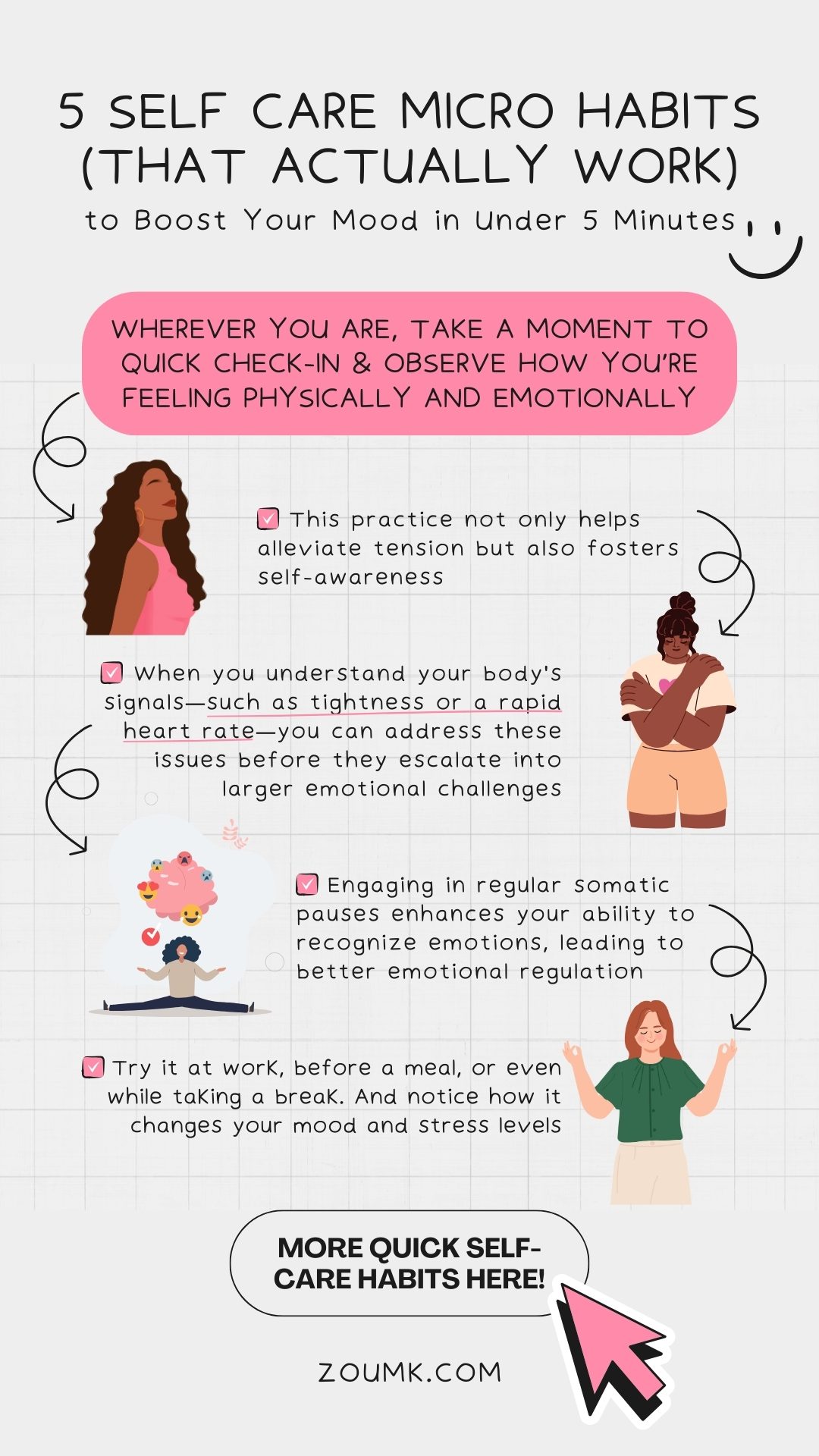 5 Self Care Micro Habits (That Actually Work) to Boost Your Mood in Under 5 Minutes. more quick self-care habits here! Wherever you are, take a moment to quick check-in & observe how you’re feeling physically and emotionally ✔️ This practice not only helps alleviate tension but also fosters self-awareness ✔️ Engaging in regular somatic pauses enhances your ability to recognize emotions, leading to better emotional regulation ✔️ Try it at work, before a meal, or even while taking a break. And notice how it changes your mood and stress levels ✔️ When you understand your body's signals—such as tightness or a rapid heart rate—you can address these issues before they escalate into larger emotional challenges