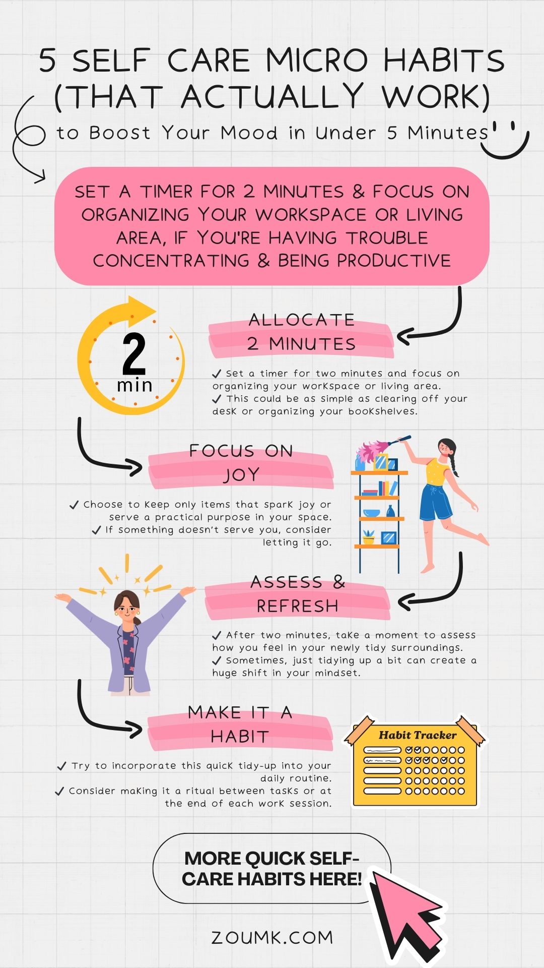 5 Self Care Micro Habits (That Actually Work) to Boost Your Mood in Under 5 Minutes. The Two-Minute Tidy: Clear Your Space, Clear Your Mind How to Tidy Up: 1. Allocate Two Minutes: ✔️ Set a timer for two minutes and focus on organizing your workspace or living area. ✔️ This could be as simple as clearing off your desk or organizing your bookshelves. 2. Focus on Joy: ✔️ Choose to keep only items that spark joy or serve a practical purpose in your space. ✔️ If something doesn’t serve you, consider letting it go. 3. Assess and Refresh: ✔️ After two minutes, take a moment to assess how you feel in your newly tidy surroundings. ✔️ Sometimes, just tidying up a bit can create a huge shift in your mindset. 4. Make It a Habit: ✔️ Try to incorporate this quick tidy-up into your daily routine. ✔️ Consider making it a ritual between tasks or at the end of each work session.