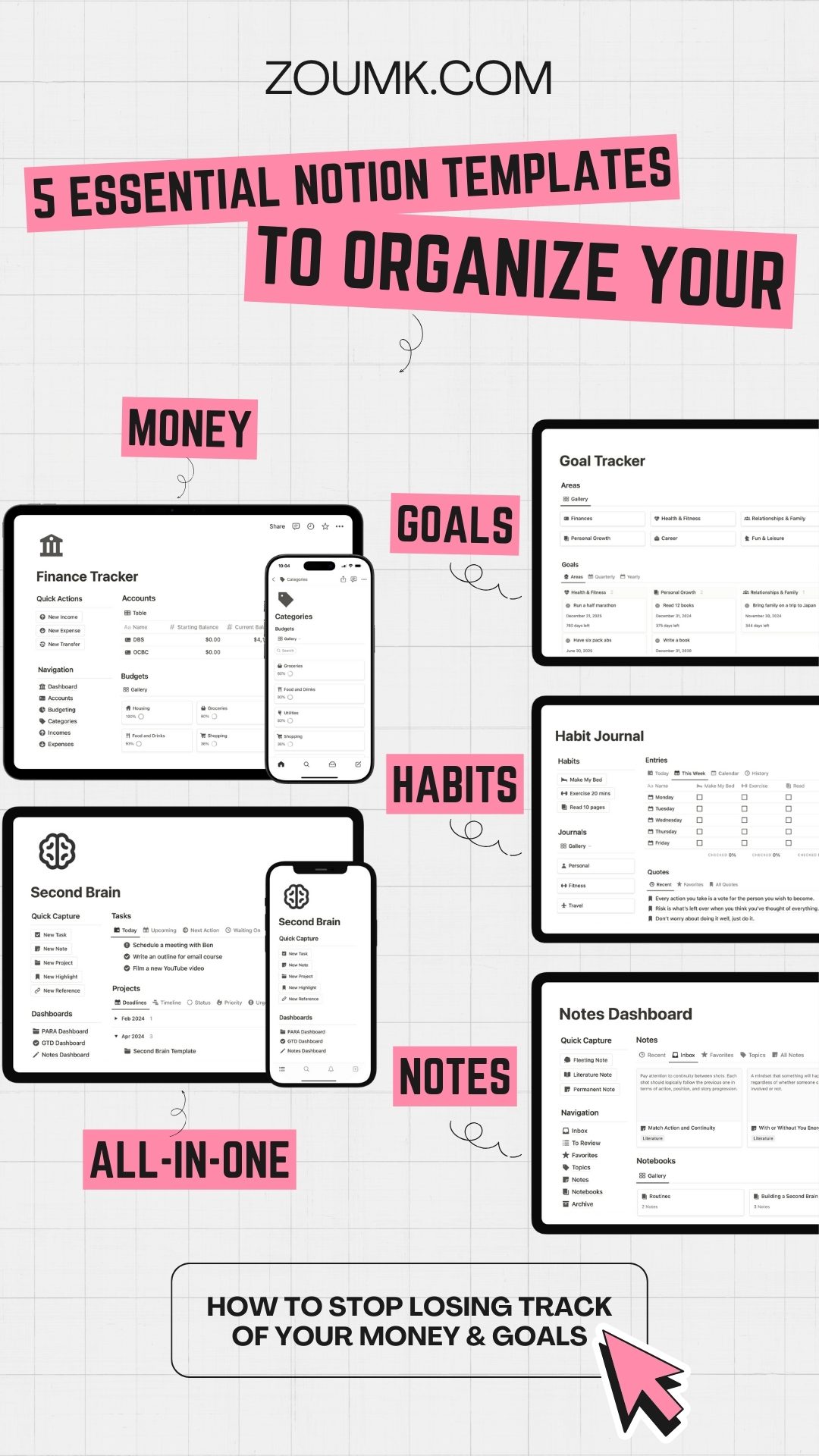 5 Essential Notion Templates to Organize Your Money how to stop losing track of your money & goals habits notes all-in-one Goals