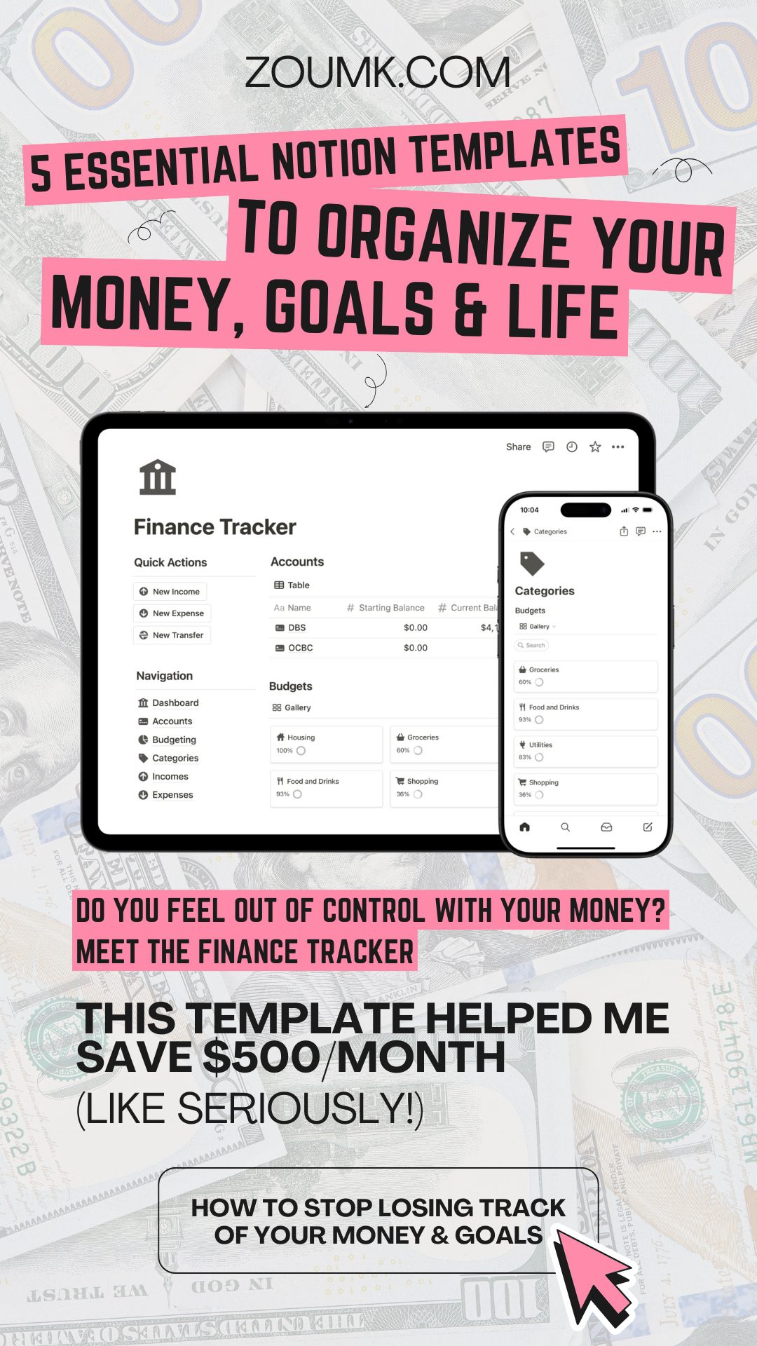 GUMROAD | EASLO | Finance Tracker Notion template Take back control of your finances 5 Essential Notion Templates to Organize Your Money, Goals & Life Do You Feel Out of Control With Your Money? meet the Finance Tracker This template helped me save $500/month (like seriously!) how to stop losing track of your money & goals