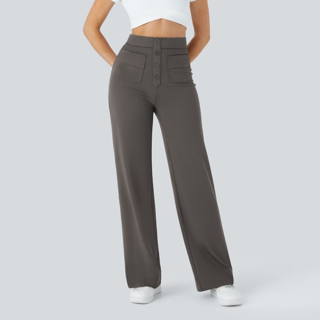 HALARA | High Waisted Button Multiple Pockets Straight Leg Casual Pants – Deep Red Grey