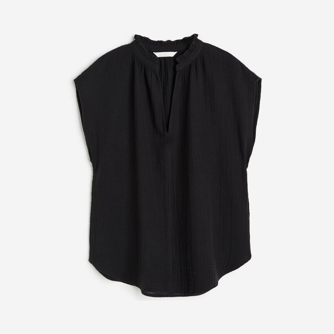 H&M Ruffle-Trimmed Cotton Blouse – Black