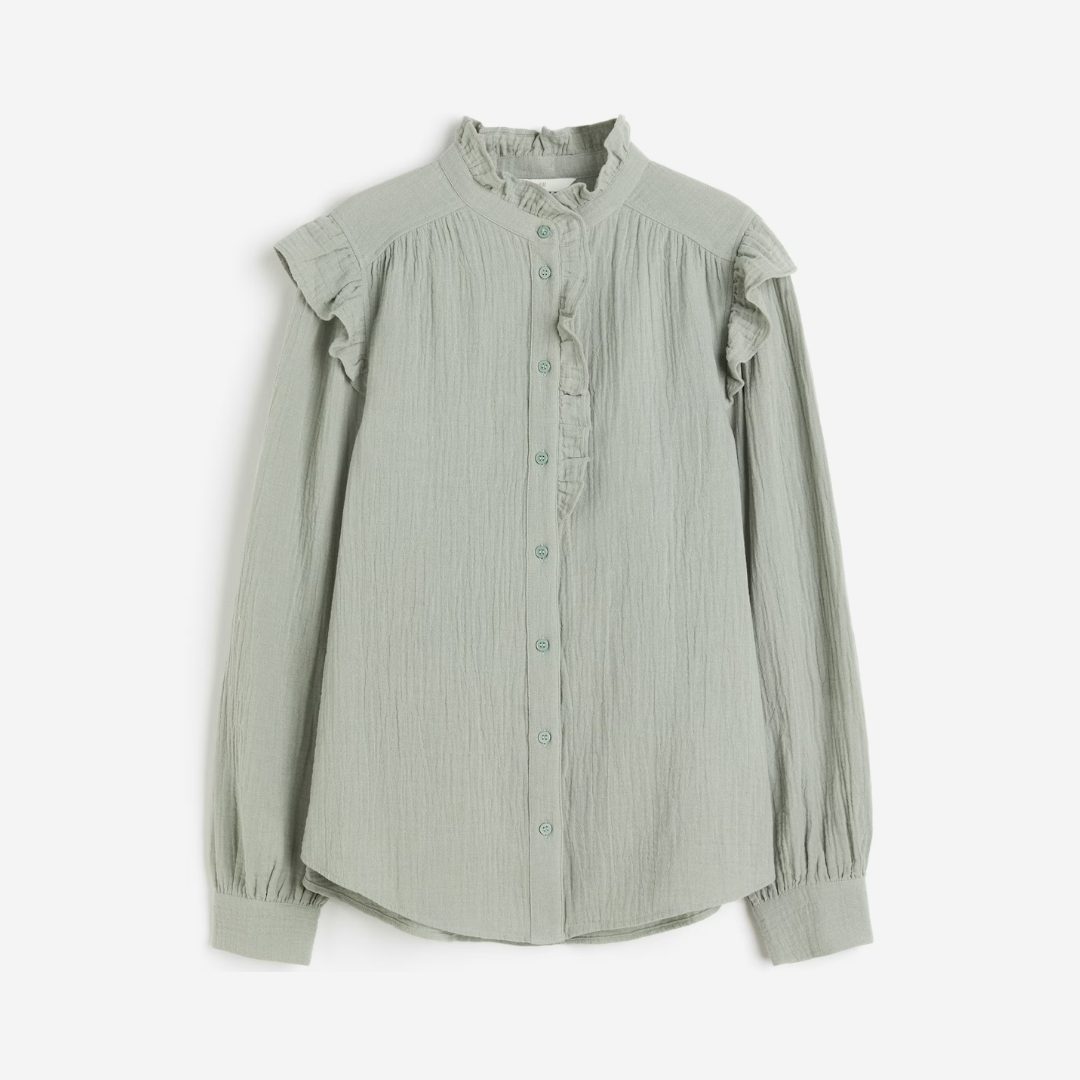 H&M Ruffle-Trimmed Muslin Blouse – Sage Green