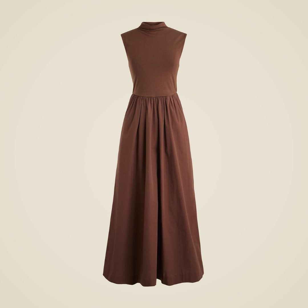 J.CREW | Fitted Knit Mockneck Dress With Poplin Skirt – Brown