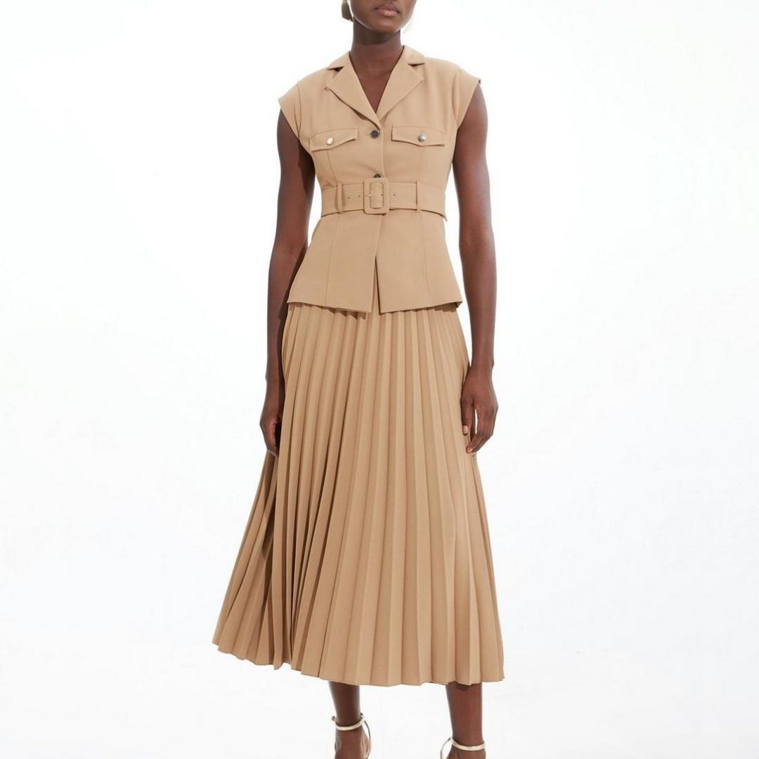 KAREN MILLEN | Soft Tailored Crepe Belted Pleated Midi Dress – Camel