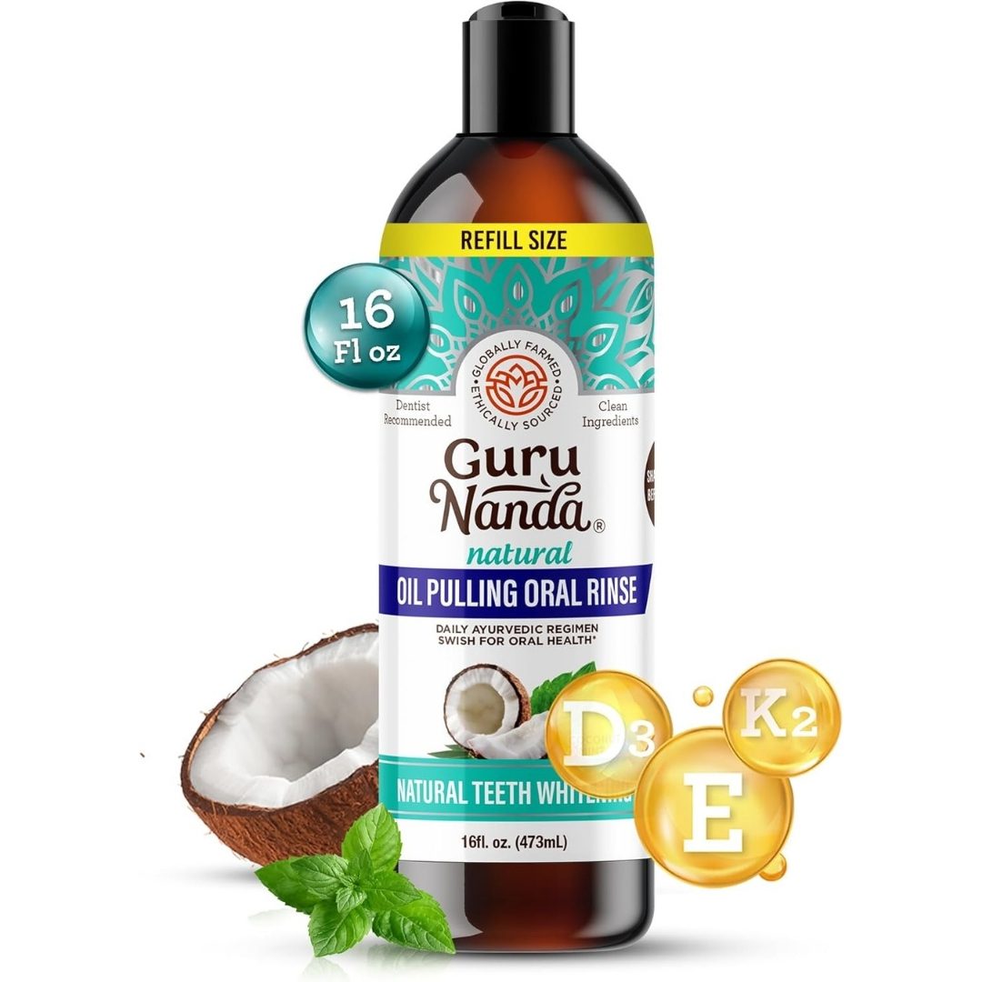 AMAZON | GURUNANDA | Coconut Oil Pulling, Fresh Breath & Whitening Mouthwash, 7 Essential Oils & Vitamins for Happy Teeth & Gums, Alcohol-Free – 16 oz