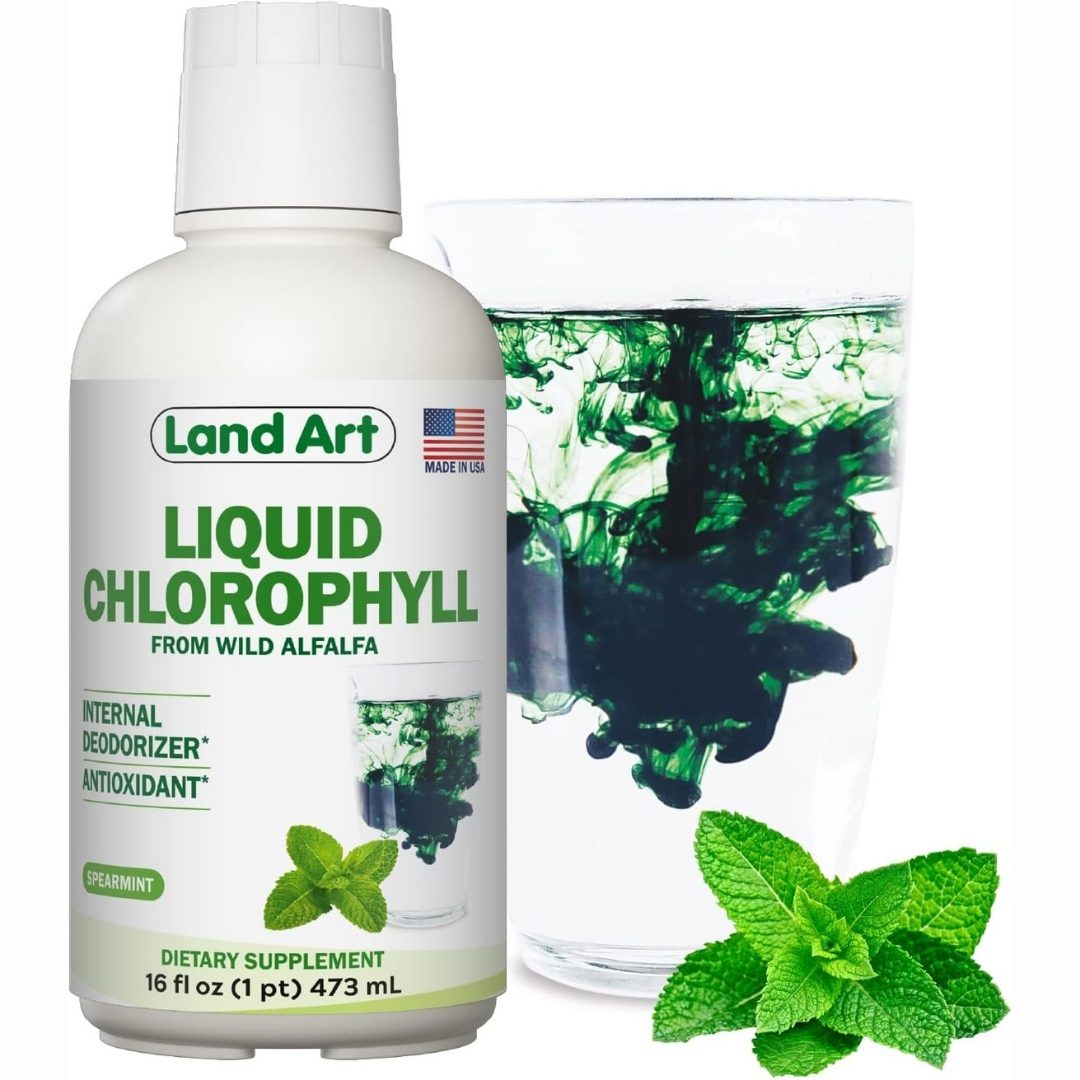 AMAZON | LAND ART | Liquid Chlorophyll Mint Flavored – Cold Extracted from Wild Non-GMO Alfalfa - Alkaline - Natural Body Deodorant – Antioxidant – 16 fl oz : 473 ml