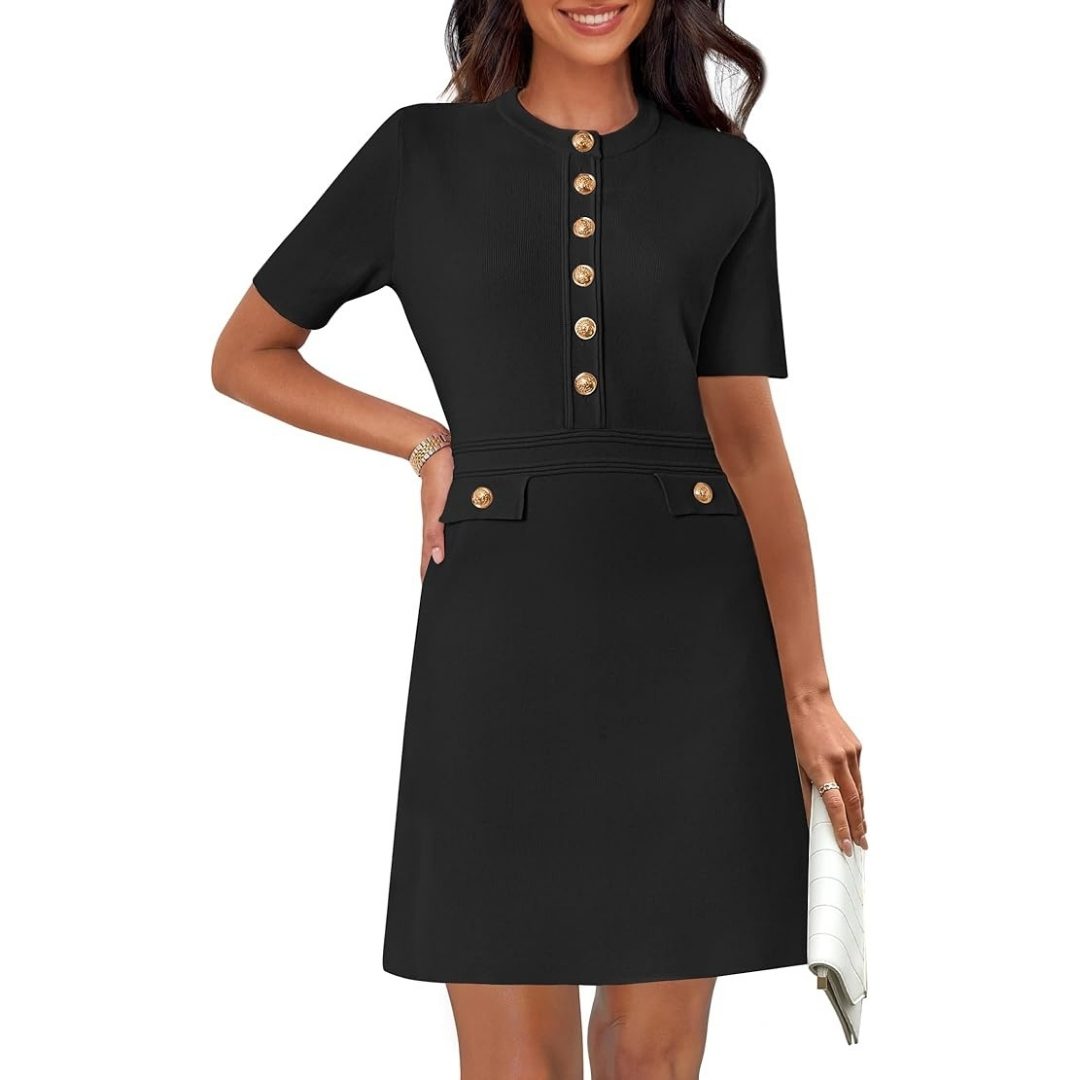 AMAZON | MEROKEETY | Women's Knit Bodycon Sweater Dress Button Short Sleeve Crew Neck Elegant Formal Mini Dress – Black