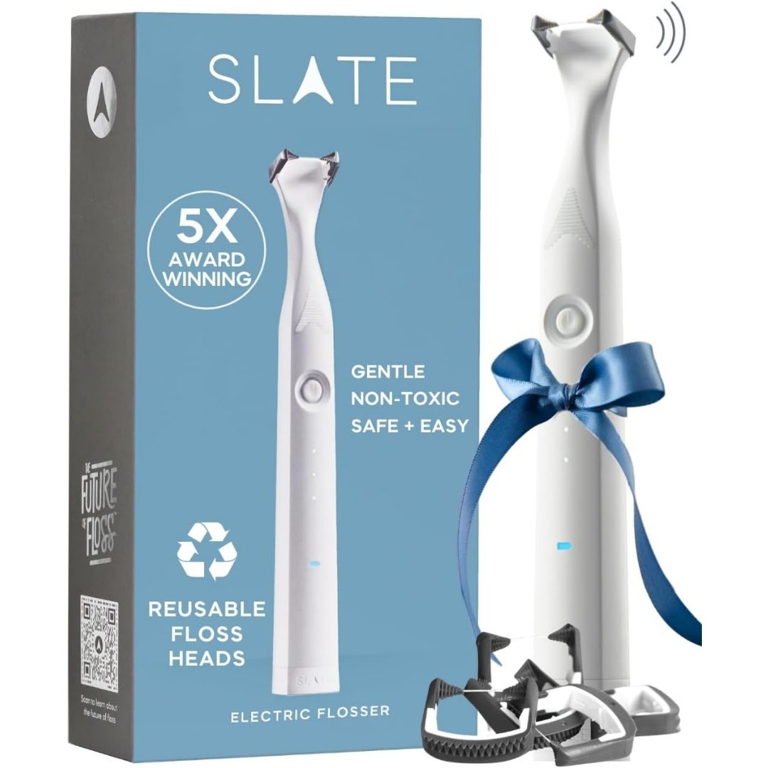 AMAZON | SLATE | Electric Flosser | 3-in-1 Electric Flosser for Teeth w: 3 Speeds - Dentist Invented | Eco Reusable Non-Toxic Floss, Tongue Scraper & Gum Stimulator – Rechargeable Starter Kit