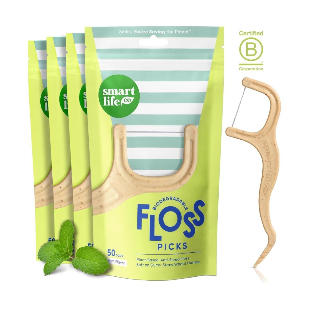 AMAZON | SMARTLIFECO | Biodegradable Dental Floss Picks - Plant Based Handle, Thin Thread Tooth Flossers for Adults & Kids, Eco Friendly Toothpick Soft on Gum & Teeth, Compostable Zero Waste Vegan – 200 Mint