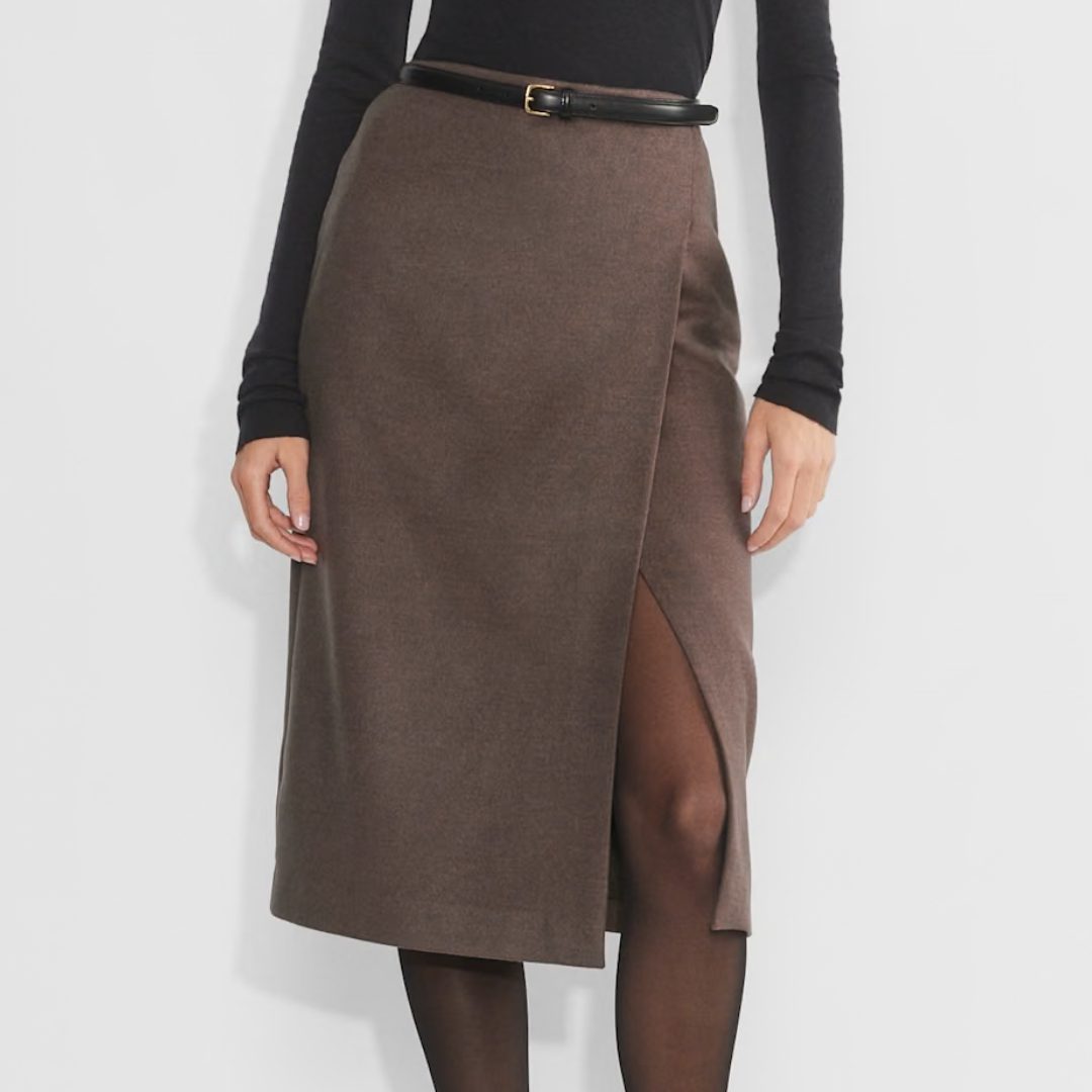 ARITZIA | Babaton Articulate Skirt Softly Structured Midi Wrap Skirt – Heather Rich Mocha Brn