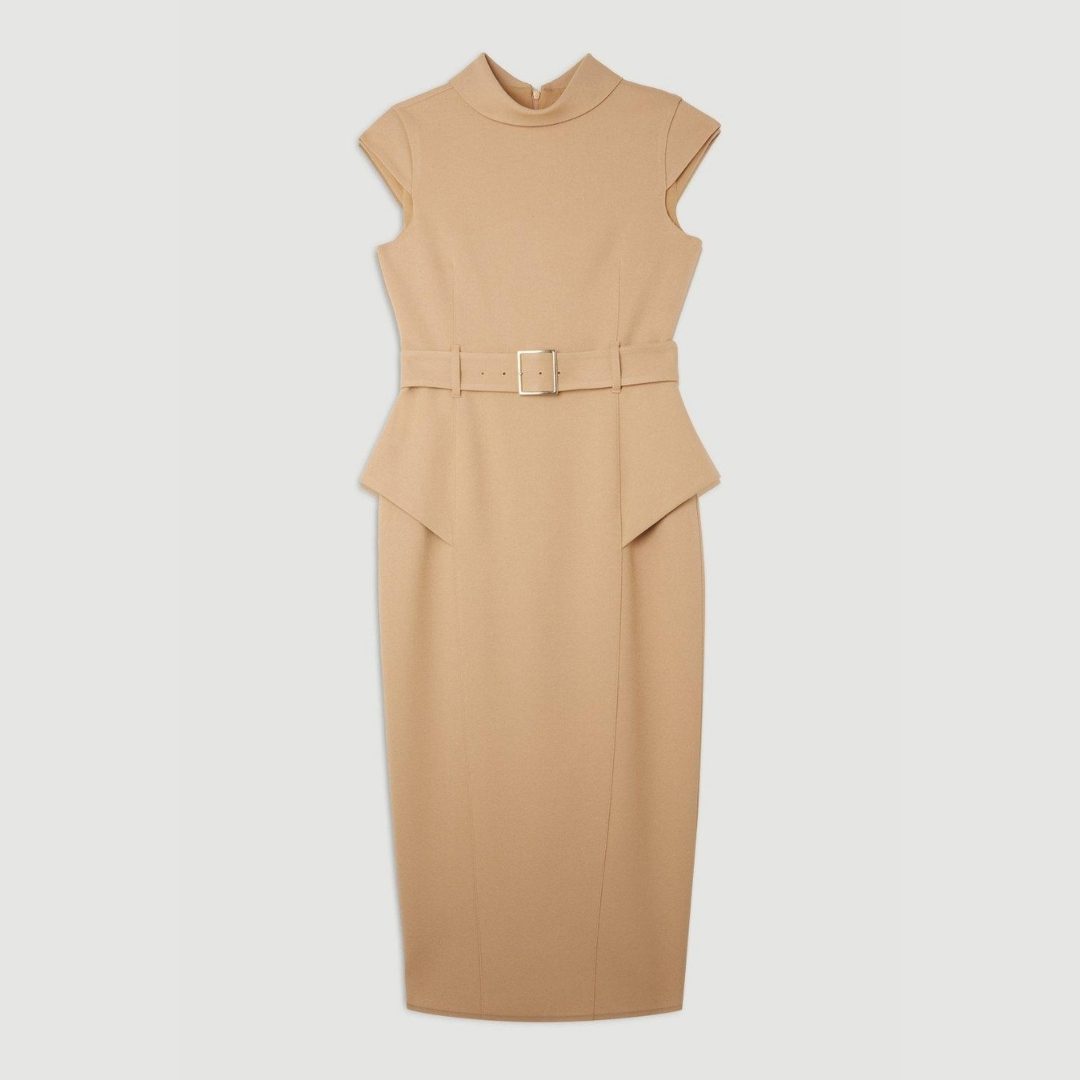 KAREN MILLEN | Structured Crepe Turtleneck Peplum Belted Midi Dress – Camel