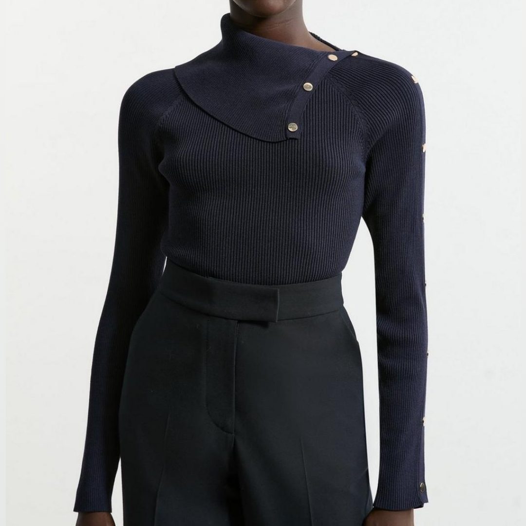 KAREN MILLEN | Viscose Blend Rib Knit Envelope Neck Top – Navy