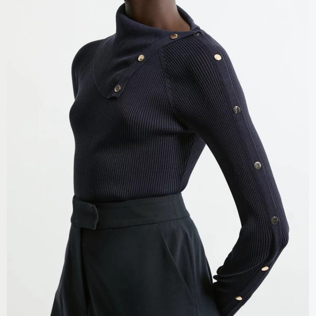 KAREN MILLEN | Viscose Blend Rib Knit Envelope Neck Top – Navy