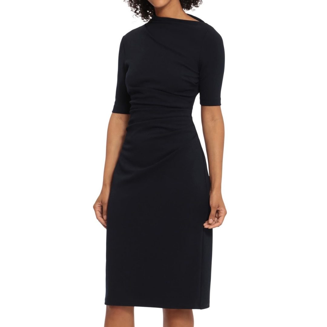 NORDSTROM | MAGGY LONDON | Asymmetric Neck Sheath Midi Dress – Twilight Navy Mno