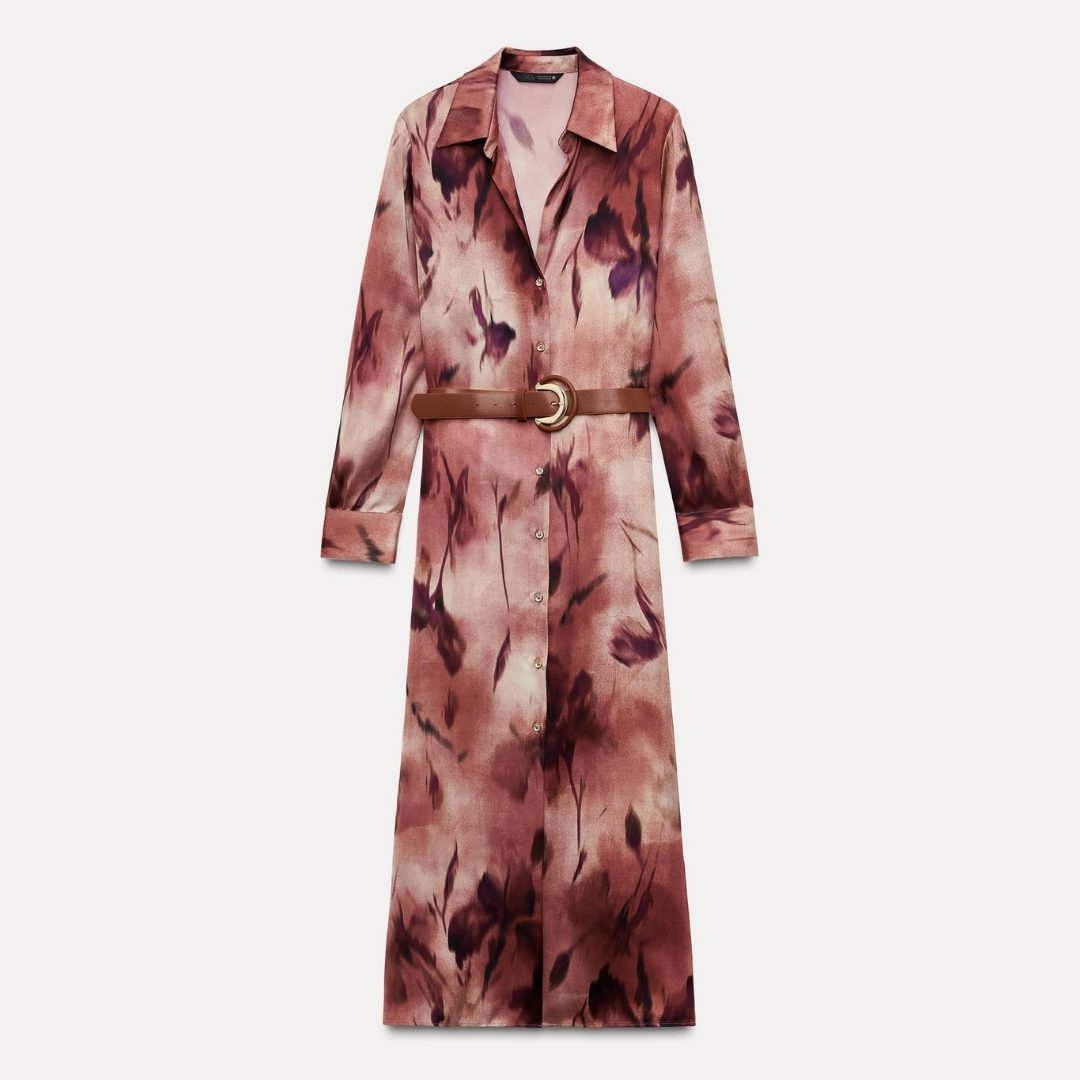 ZARA | Printed Satin Midi Dress With Belt