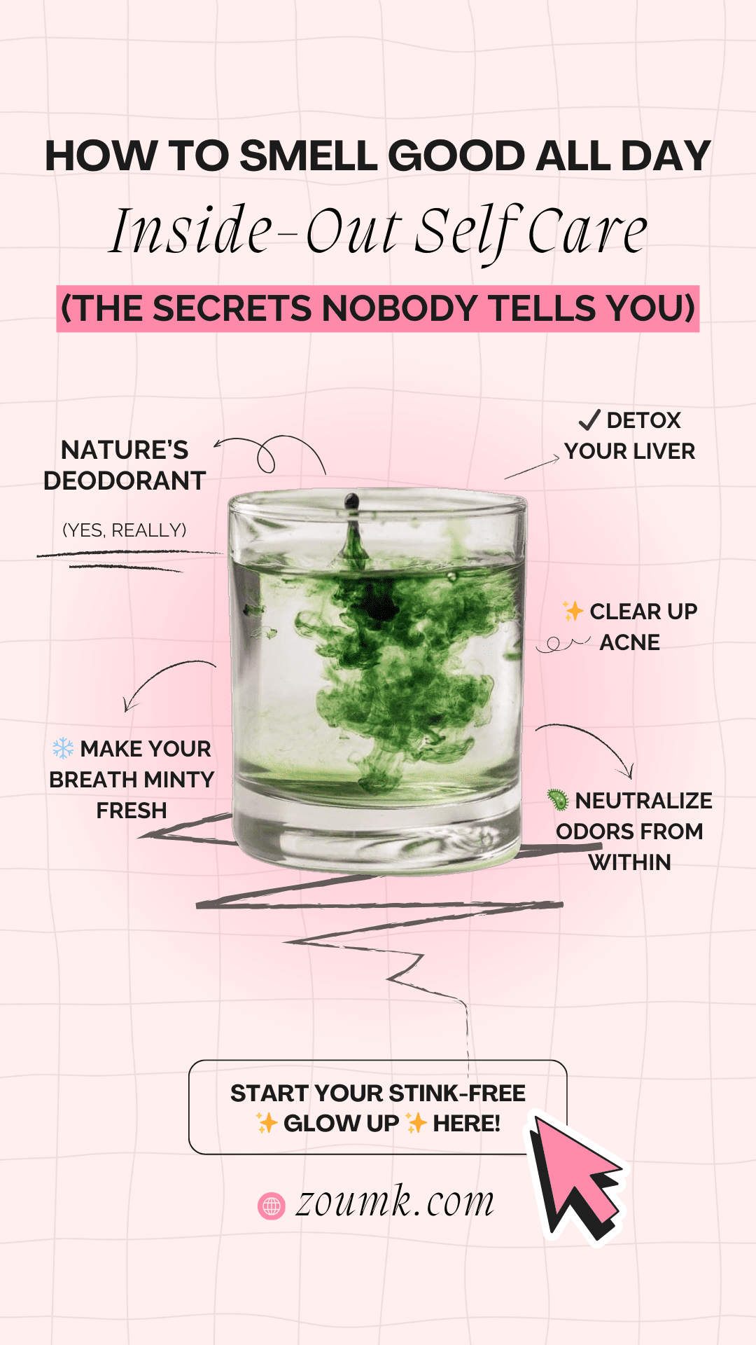 zoumk.com Start your stink-free ✨ glow up ✨ here! (The Secrets Nobody Tells You) Inside-Out Self Care How to Smell Good All Day (Yes, Really) Nature’s Deodorant ❄ Make your breath minty fresh ✨ Clear up acne 🦠 Neutralize odors from within ✔ Detox your liver