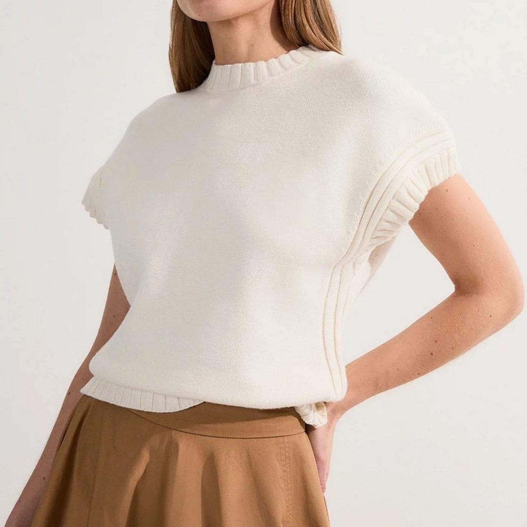 KAREN MILLEN | Viscose Blend Knit Short Sleeve Top – Cream