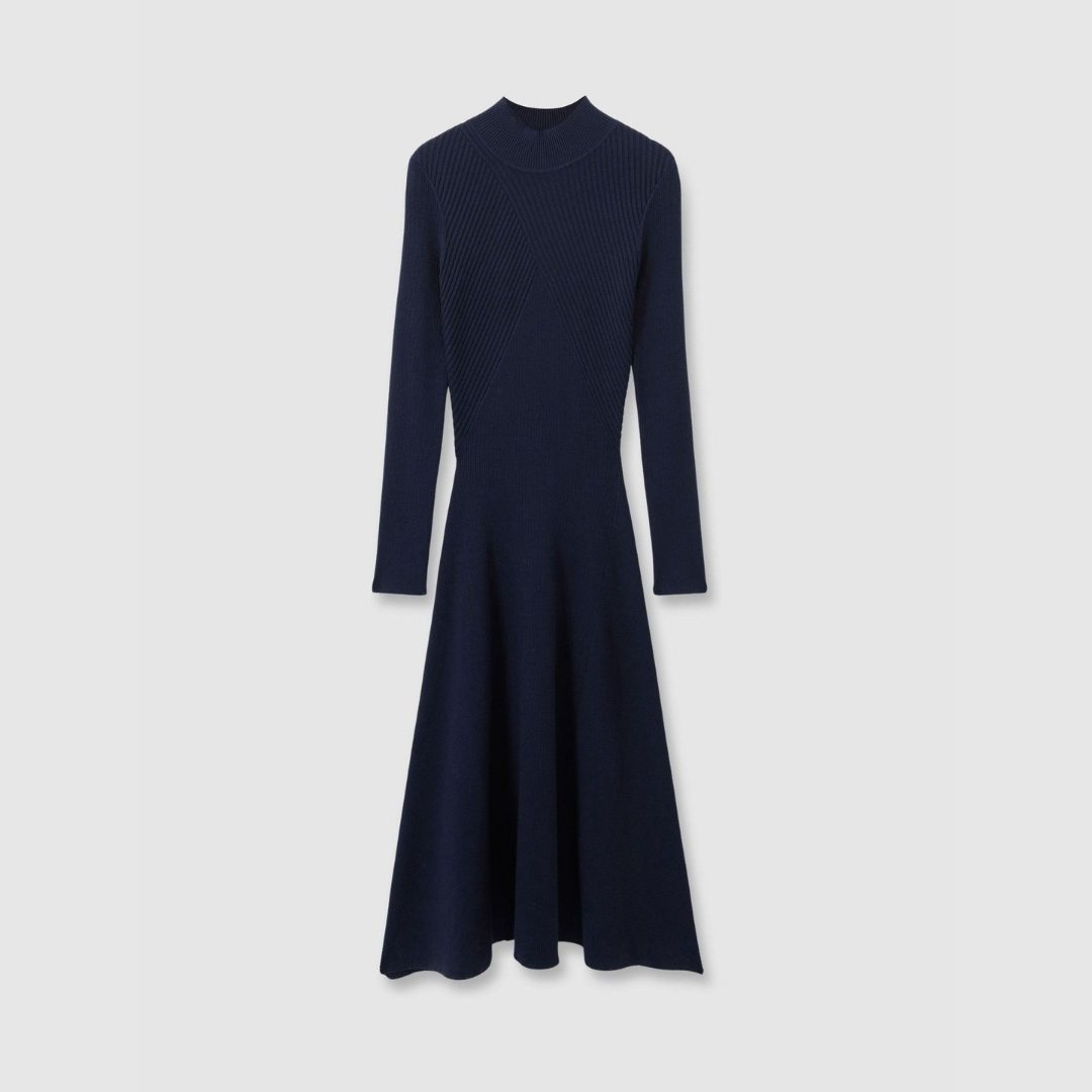 REISS | Hannah Round Neck Ribbed Midi Dress In Navy