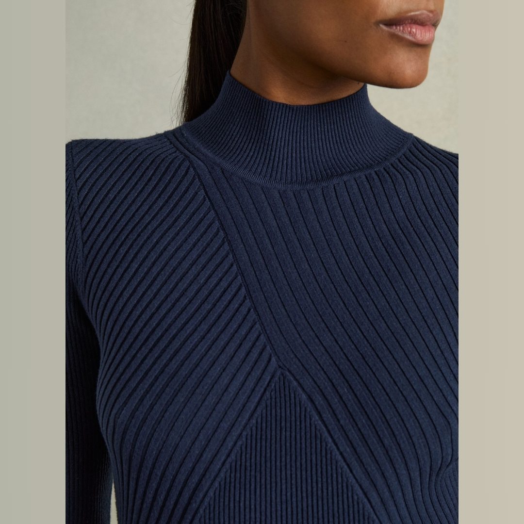 REISS | Hannah Round Neck Ribbed Midi Dress In Navy