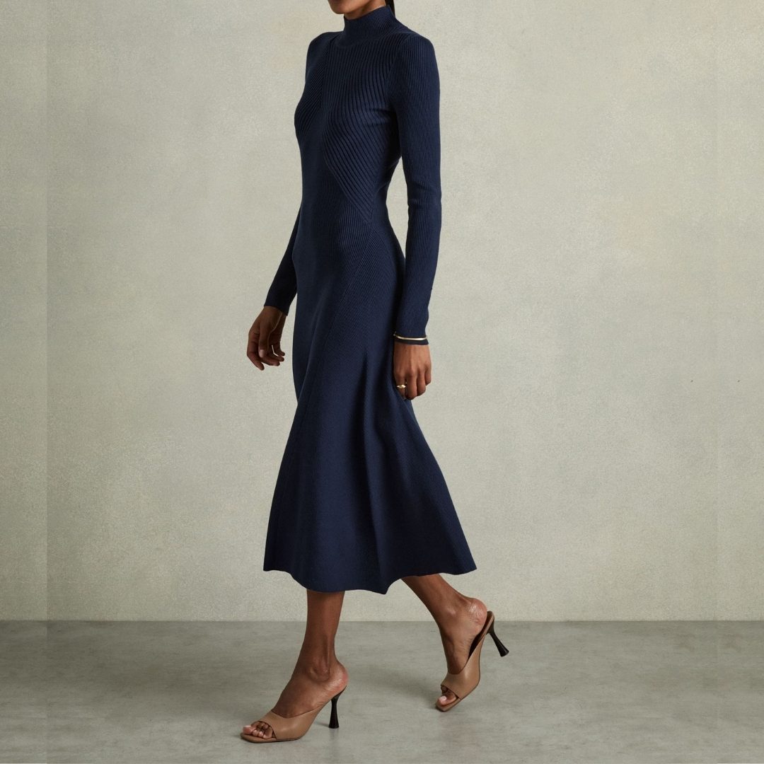 REISS | Hannah Round Neck Ribbed Midi Dress In Navy