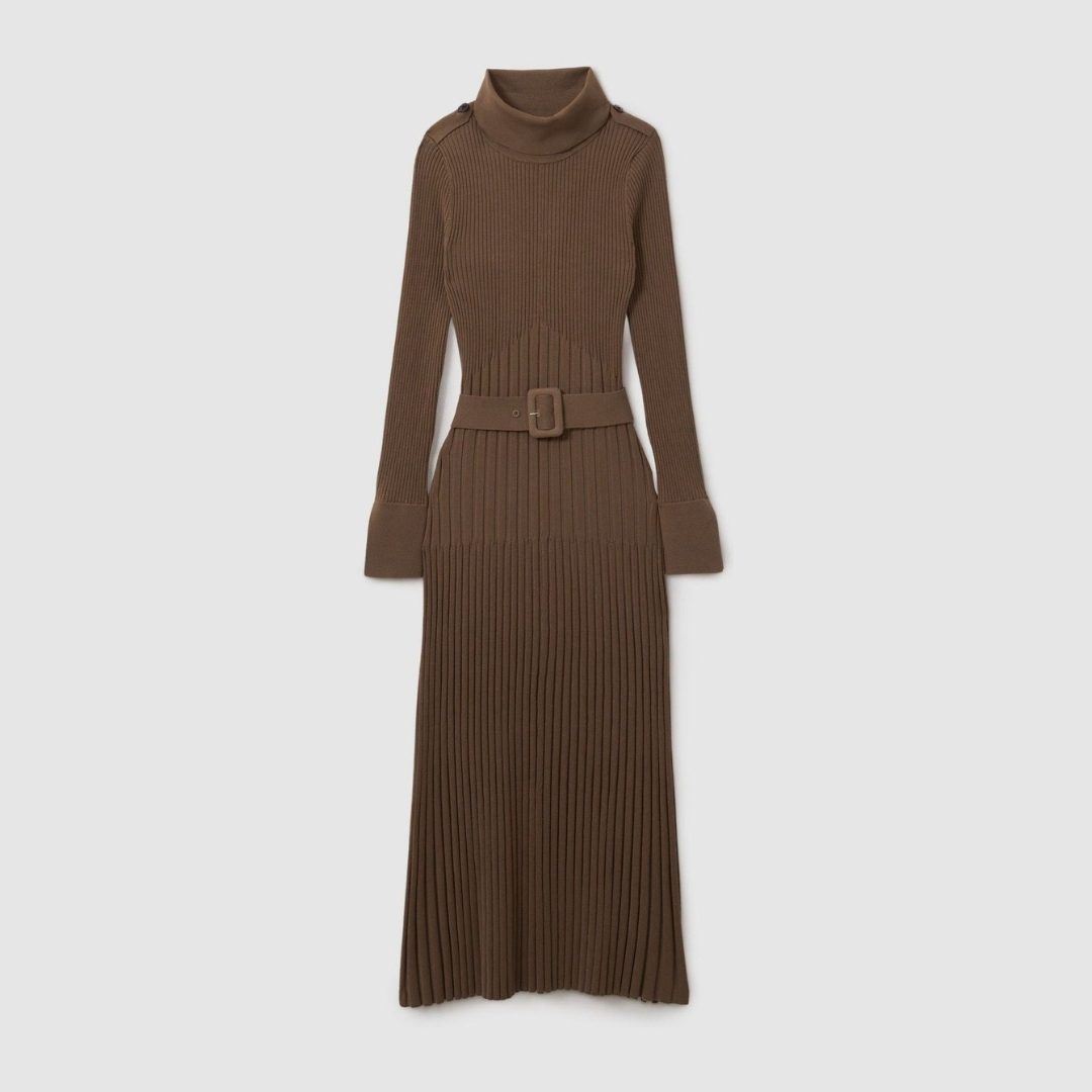REISS | Vinette Ribbed Roll Neck Belted Midi Dress In Mocha