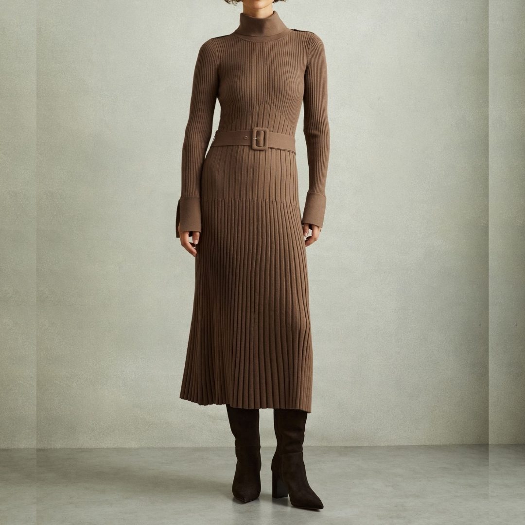 REISS | Vinette Ribbed Roll Neck Belted Midi Dress In Mocha
